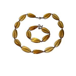 Russian Golden Yellow Czech Glass Necklace & Bracelet Vintage Jewelry  Set